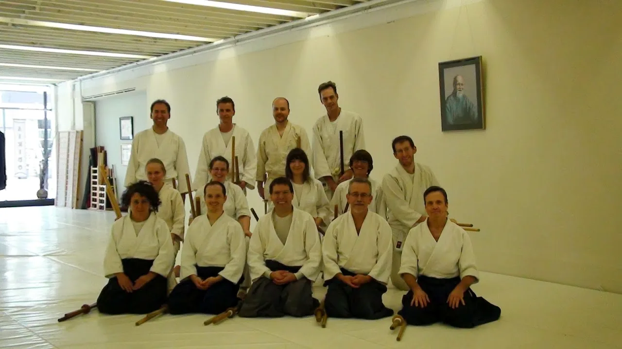 A full Main Street Martial Arts Aikido class in gi and hakama with wooden weapons